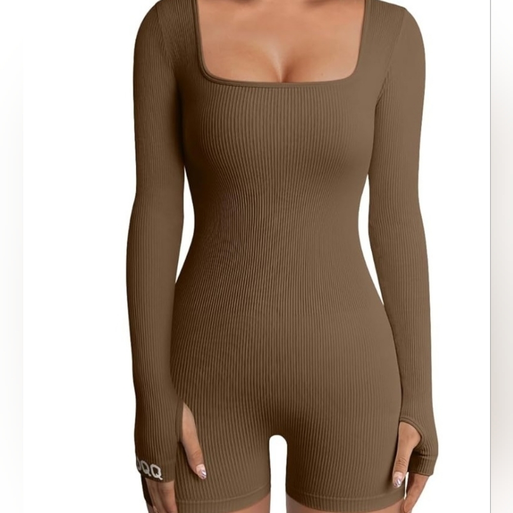 Brown Ribbed Long Sleeve Romper OQQ Yoga Romper
